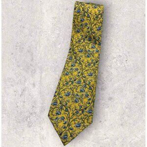 LIBERTY Silk Tie ENGLAND Yellow Blue Floral Bird W:3.7" EUC